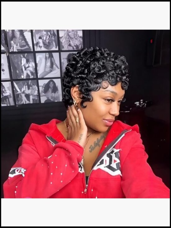 Short Layered Pixie Curly Human Hair Wig With Bangs Glueless Full Machine Made main image 4